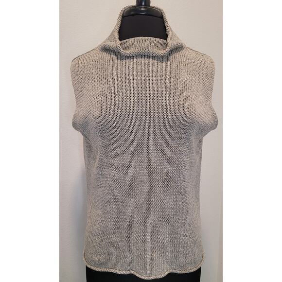 Eileen Fisher Cotton Linen Beige Lofty Slub Knit Turtleneck Sleeveless Top L - Picture 2 of 7